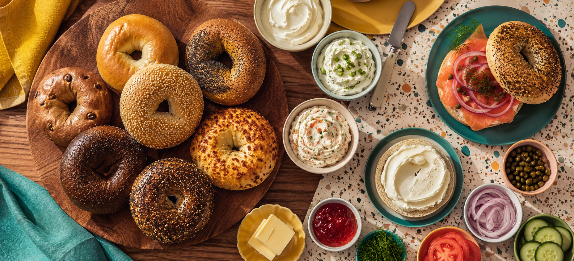 A spread of fresh bagels with cream cheeses, lox, and toppings