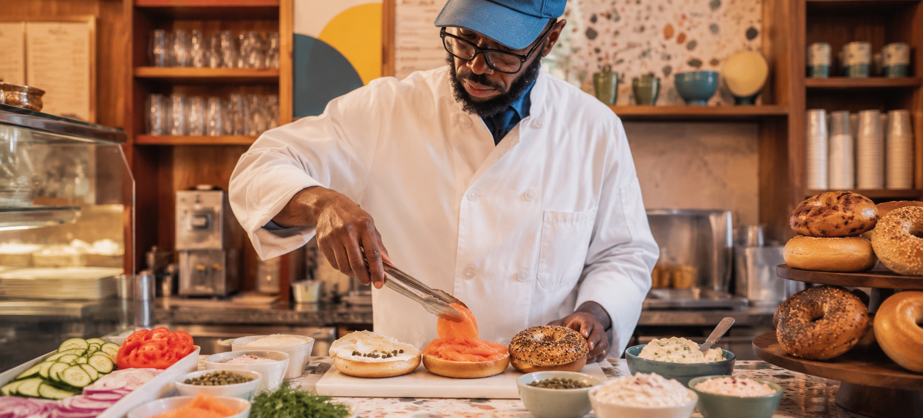 A baker plating fresh lox on a bagel at the counter